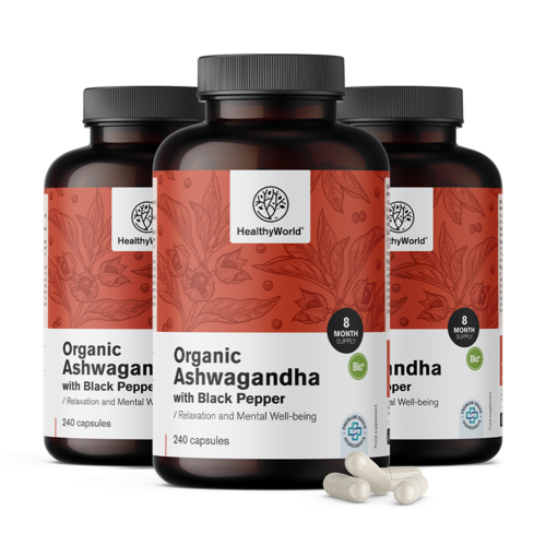 3x BIO Ashwagandha mit schwarzem Pfeffer, zusammen 720 Kapseln